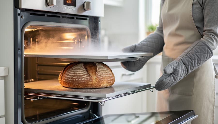 Baker using thick oven mitts to carefully lift a stacked loaf pan in a hot oven