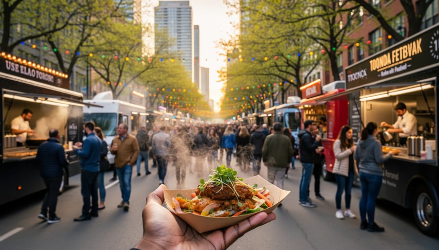 People strolling past food vendor stalls at Nathan Phillips Square during a spring evening