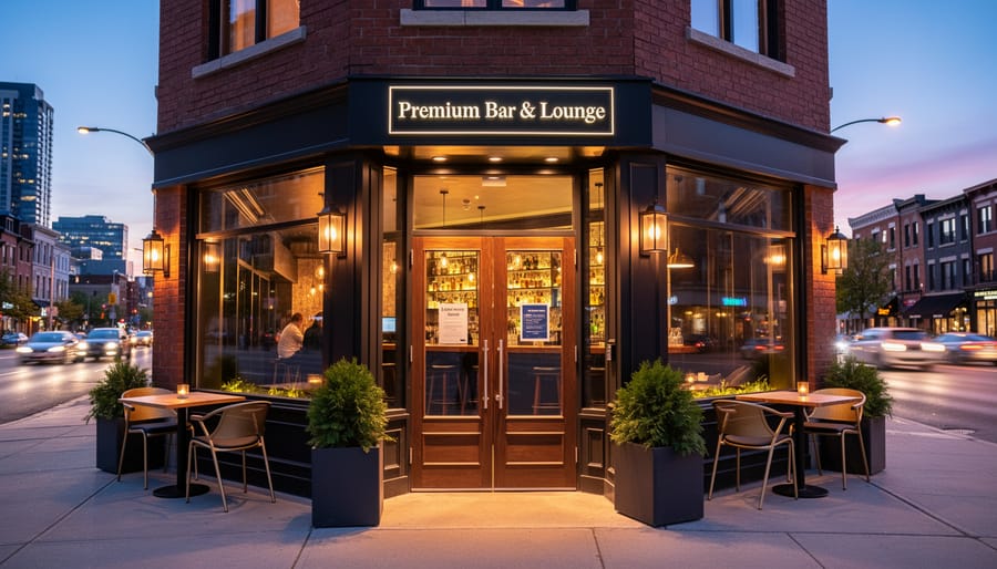 Warm amber-lit Toronto bar storefront at dusk with reflections on the sidewalk