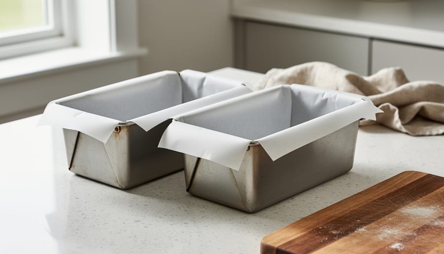 Two identical loaf pans lined with parchment paper on a kitchen counter with sourdough tools in the background